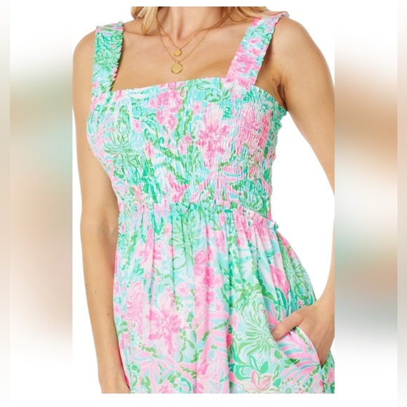 New Lilly Pulitzer Hardly Smocked Cotton Amalfi Blue Leaf It Wild Maxi Dress XS - Picture 3 of 6